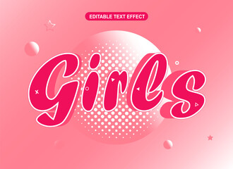 Girls 3D editable text effect pink bold cute decoration template vector