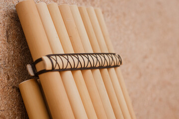 Aymara ethnic zampoña made in cane Alto Beni, in Arica, northern Chile