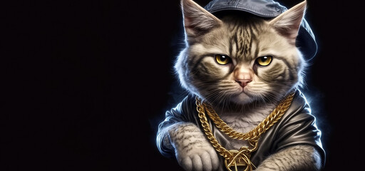 successful rapper boss with cat head in gangsta style with gold chains. Thug life character. Generative AI illustration