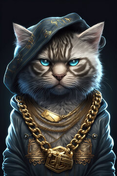 cat rapper boss in gangsta style with gold chains. Thug life concept. Generative AI illustration