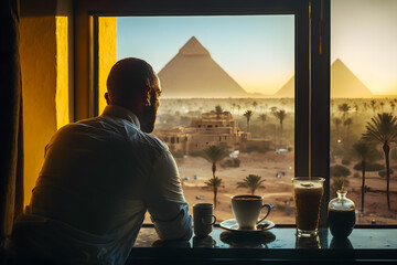 Man bald traveler drinking morning cup tea coffee overlooking Egypt Cairo - Giza. General view of pyramids with Sphinx from an open hotel window. Generative AI