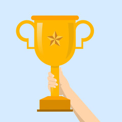 Champion concept ,man hand holding champion gold trophy. Human hand holding winner's golden cup. Giving prizes to winners. Trophy cup flat vector illustration