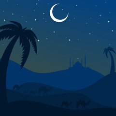 Illustration of Ramadan Kareem with mosque silhouette and starlight, moon and camel, Background Business Label, Invitation Template, social media, etc. ramadan kareem themed flat vector illustration.