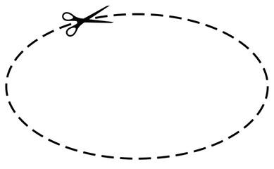 Scissors cut dotted line oval promo voucher with dash icon. Shear trim coupon or gift code along the guide line with dash or dot border. Vector flat illustation.