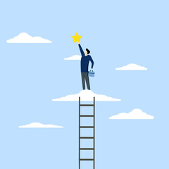 career path or dream job concept, Business champions win awards, win star employees, successful entrepreneurs climb the ladder to the clouds to achieve and reach the worthy stars.
