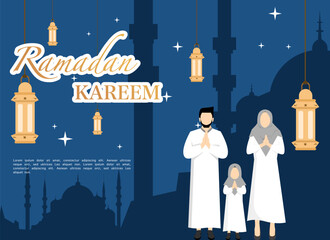 ramadan kareem congratulation concept with family characters, ramadan concept illustration. Happy Muslim people celebrating the Holy Month of Ramadan, Eid greetings. vector illustration