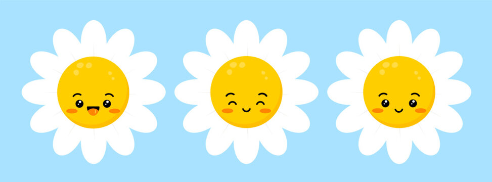 Daisy flower cute happy character with face set. Groovy chamomile fun emoji plant icon vector illustration. Kids camomile emoticon collection.