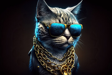 cat gangsta rapper in sunglasses and gold chains. Thug life concept. Generative AI illustration - obrazy, fototapety, plakaty