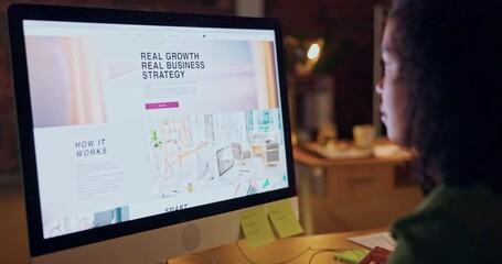 Website, research and computer screen with woman in office at night for branding, homepage and internet. Project, proposal and planning with female employee for digital marketing, strategy and growth