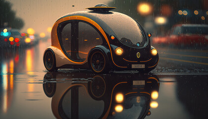 Naklejka premium A futuristic looking car, electric taxi waiting for passengers on a rainy day, generative AI