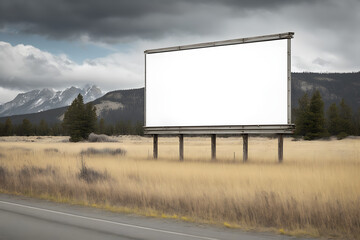 Empty white billboard mockup in mountain landscape