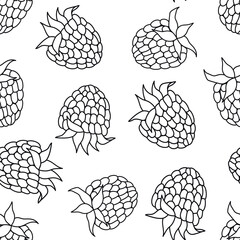 Seamless pattern of hand-drawn raspberry berries. Black and white outline vector illustration.