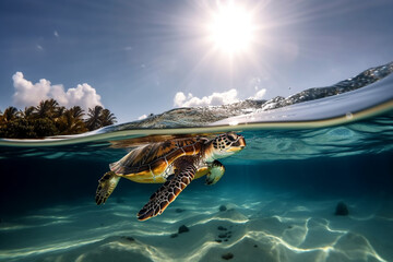 Turtle Swimming Under Crystal Clear Water Tropical Sea