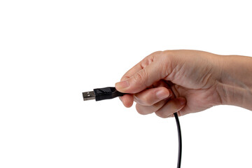 Hand and usb cable isolated on transparent background 