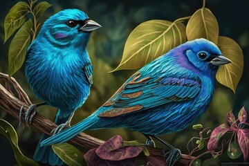 Design of two colorful Indigo Bunting - The male Indigo Bunting is a stunning shade of blue, making it a popular bird species to spot during the spring season.