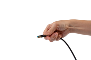 Hand and usb cable isolated on transparent background 