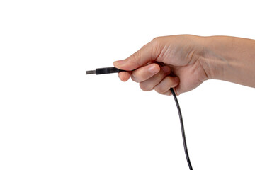 Hand and usb cable isolated on transparent background 