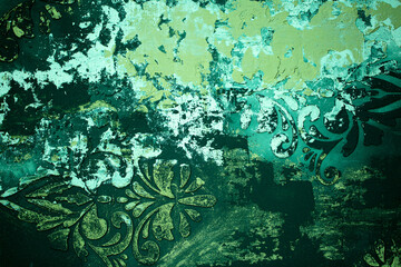 Green background from decorative plaster with abstract spots. Unusual green wall texture with beautiful patterns, creative surface background. Front covering for facing of buildings.
