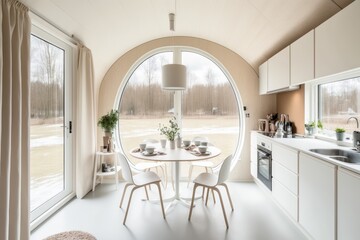 Fototapeta premium A round window in a tiny house with a round table and chairs. Generative AI