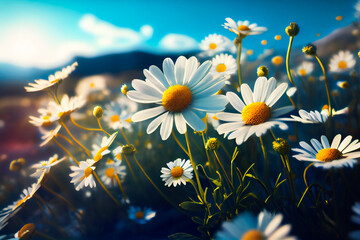 Blooming Meadow with White Spring Daisy Flowers in Sunshine. Generative AI
