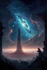 Journey at Fantasy Nature. Clear Sunny day, Sky with Movie Atmosphere and Wonderful Cloud, Beautiful Colorful Landscape, Anime Comic Style Art. For Poster, Novel, UI, WEB, Game, Design