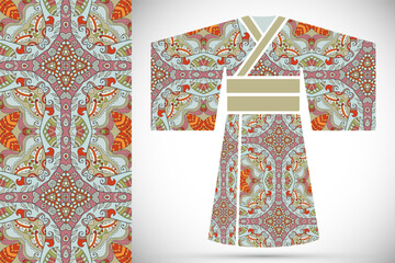 Colorful fashion collection. Stylized Japanese kimono ethnic clothes and decorative seamless pattern for textile fabric, paper print, invitation or business card design. Isolated elements