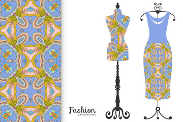 Vector fashion illustration. Vintage tailor dummy, dress model, colorful seamless pattern for textile fabric, paper print, invitation, business card design. Boho style isolated clothes collection
