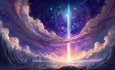 Journey at Fantasy Nature. Clear Sunny day, Sky with Movie Atmosphere and Wonderful Cloud, Beautiful Colorful Landscape, Anime Comic Style Art. For Poster, Novel, UI, WEB, Game, Design