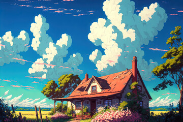 Sweet Home at serene Paradise. Clear Sunny day, Sky with Movie Atmosphere and Wonderful Cloud, Beautiful Colorful Landscape, Anime Comic Style Art. For Poster, Novel, UI, WEB, Game, Design