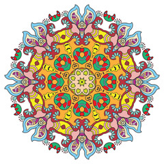 Mandala flower decoration, hand drawn round ornament, isolated design element on a white background. Vector geometric floral pattern. Tribal ethnic fashion motif for paper, textile, cloth fabric print
