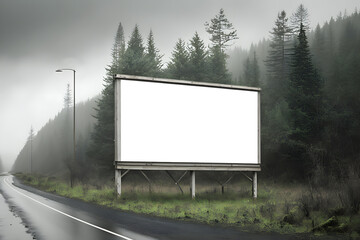 Empty white billboard display sign mockup in Pacific Northwest forest for advertising