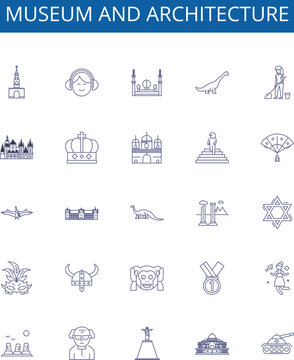 Museum And Architecture Line Icons Signs Set. Design Collection Of Museum, Architecture, Exhibition, Historic, Art, Antiquities, Relic, Heritage Outline Concept Vector Illustrations