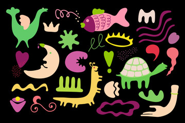 Hand drawn abstract background. Big set of doodle animals, objects, various colorful shapes and lines. Isolated design elements. Contemporary modern trendy vector illustration