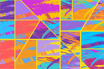 Fototapeta premium Abstract collage asymmetric pattern. Digital freehand art, grunge texture. Vector patchwork quilt background. Decorative elements, brush strokes ornament for flyer, poster, cover, textile fabric print