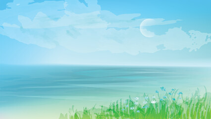 Summer nature background. Wildflowers, sea view.  Vector landscape with watercolor textured elements. 