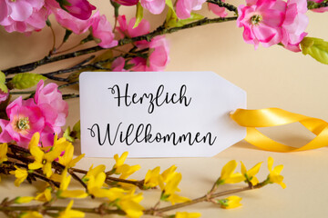 Spring Flower Decoration, Label With Herzlich Willkommen Means Welcome