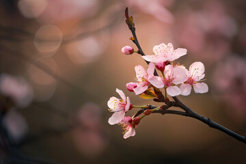 Cherry Blossom on a Branch, Blurred Background.