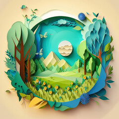 Paper art, Ecology and Earth Day, Saving nature and world Environment day, Generative Ai