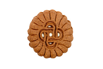 Round brown biscuits with white filling. The biscuits are isolated on a white background.