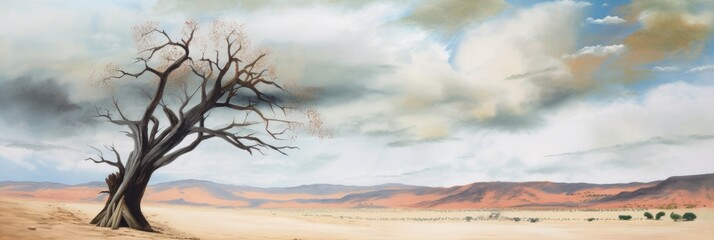 Searing hot arid Namib desert plains with distant sandy dunes and hills, solitary dried tree awaits the rainy season clouds, inhospitable uninhabitable panoramic landscape - generative AI.  