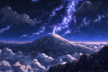 Journey at Wild Nature. Clear Sunny day, Sky with Movie Atmosphere and Wonderful Cloud, Beautiful Colorful Landscape, Anime Comic Style Art. For Poster, Novel, UI, WEB, Game, Design