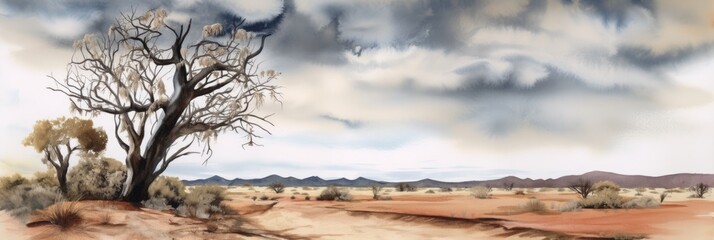 Searing hot arid Namib desert plains with distant sandy dunes and hills, solitary dried tree awaits the rainy season clouds, inhospitable uninhabitable panoramic landscape - generative AI.  