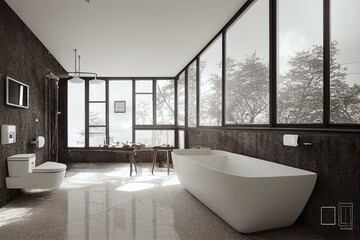 Fototapeta na wymiar House cross section, view on bathroom, kitchen and living room, 3d illustration. Generative AI