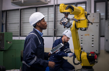 Engineer factory industry wearing safety uniform work and checking system of the welding robots for welding steel electrical by control system robot automate for industry manufacture concept.