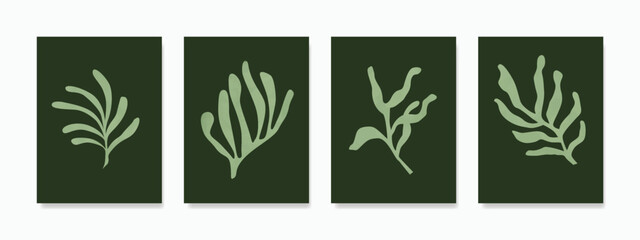 Minimalist hand-drawn leaf wall art. Versatile and calming, it features abstract twigs on a green background, perfect as a poster or decoration.