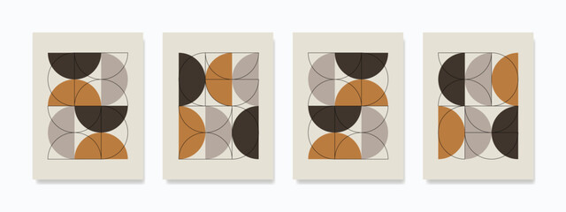 Fototapeta na wymiar Minimalist boho-style wall art with dynamic geometric shapes, including semicircles and circles in a variety of nature-inspired colors. It is a great choice for room decoration.