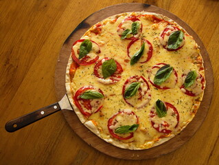Vegeterian pizza in a pizzeria in Mindo, Ecuador, South America
