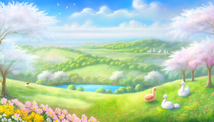 Easter morning with chickens and beautiful scenery. Generative AI