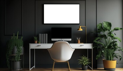 Explore Modern Study Home Interior with Elegant Furnishing: Desktop, Chair, and Computer on a Mockup Horizontal Frame