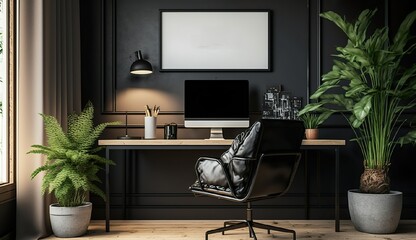 Explore Modern Study Home Interior with Elegant Furnishing: Desktop, Chair, and Computer on a Mockup Horizontal Frame